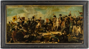 Un fixe sur verre représentant Napoléon et ses troupes sur le champ de bataille||||||||||