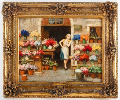 Huile sur toile, &quot;La marchande de fleurs de Venise&quot;, par Cesare Vianello, fin XIXème siècle||||||||||