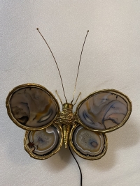 1970’ Applique Papillon en Bronze ou Laiton, Duval Brasseur Ou Isabelle Faure, 4 Ampoules, Ailes d’Agate