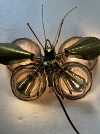 1970’ Applique Papillon en Bronze ou Laiton, Duval Brasseur Ou Isabelle Faure, 4 Ampoules, Ailes d’Agate