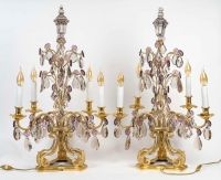 Paire de girandoles de style Louis XV en bronze doré et décor de cristal Baccarat vers 1880