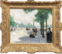 HERVE Jules Tableau Impressionniste 20è siècle Animation aux Champs Elysées huile sur toile signée Certificat d’authenticité