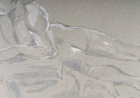 Dessin au crayon et aquarelle sur papier représentant un homme allongé, XXème siècle.