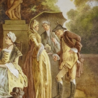 Scène galante, peinte sur porcelaine, signée G.M, travail français du XIXe siècle dans le goût de Watteau.