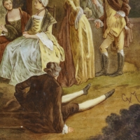 Scène galante, peinte sur porcelaine, signée G.M, travail français du XIXe siècle dans le goût de Watteau.