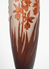 émile Gallé - Grand Vase Aux Crocosmia Oranges Et Rouges, Pâte De Verre Art Nouveau