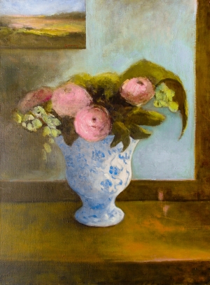 Tableau à l&#039;huile intitulé &quot;Chinoiserie, bouquet dans un vase chinois&quot; du peintre Isabelle Delannoy|||