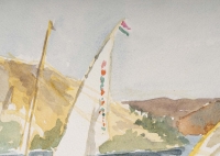 Dessin à l’aquarelle sur papier de Evelyne Luez représentant une paysage d’Egypte avec des voiliers, 1960-80.