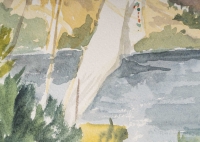 Dessin à l’aquarelle sur papier de Evelyne Luez représentant une paysage d’Egypte avec des voiliers, 1960-80.