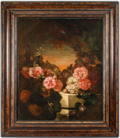 Huile sur toile, fleurs sur entablement, XIXème siècle||||||||