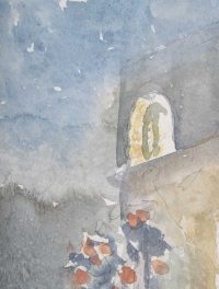 Dessin à l’aquarelle sur papier de Evelyne Luez représentant une maison et sa terrasse, 1980.