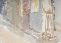Dessin à l’aquarelle sur papier de Evelyne Luez représentant une maison et sa terrasse, 1980.