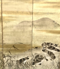Paire de paravents japonais à 6 panneaux aigrettes et oies