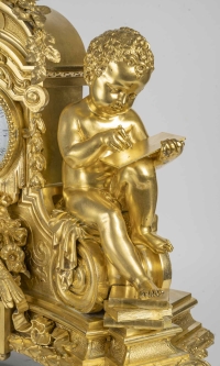 Denière, à Paris- Les Enfants à L’étude. Grande Pendule En Bronze Doré et marbre XIX