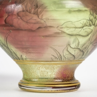 Daum Nancy - Rare Vase Aux Herons Ou Aux Grues, Roseaux Et Nénuphars, Pâte De Verre Art Nouveau