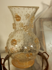 1970′ Vase Cristal Murano Style Barovier &amp; Toso Avec Paillons d’Or Non Signé