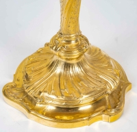 Paire de flambeaux Rocaille montée en lampes en bronze ciselé et doré dans le style Louis XV vers 1850