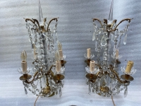 1950′ Paire De Lampes Girandoles Bronze 4 Bras Pampilles Et Poignards Baccarat