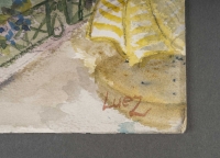 Dessin à l’aquarelle sur papier de Evelyne Luez représentant un village et ses canaux, 1980-90.