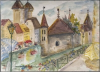Dessin à l’aquarelle sur papier de Evelyne Luez représentant un village et ses canaux, 1980-90.