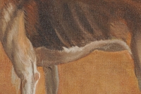 Peinture, huile sur toile représentant un chien de chasse, 1990.