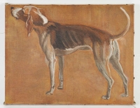 Peinture, huile sur toile représentant un chien de chasse, 1990.