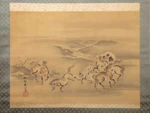 Kano Akinobu - Painting of Wild Horses by the River, Kakemono|Kano Akinobu - Painting of Wild Horses by the River, Kakemono - Signature|Kano Akinobu - Painting of Wild Horses by the River, Kakemono - Full Picture n.1|Kano Akinobu - Painting of Wild Horses by the River, Kakemono - Full Picture n.2|Kano Akinobu - Painting of Wild Horses by the River, Kakemono - Detail n.1 n.1|Kano Akinobu - Painting of Wild Horses by the River, Kakemono - Detail n.2||