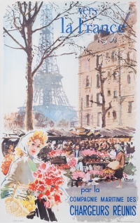 Affiche Originale, Brenet, France Paris Tour Eiffel, Chargeurs Reunis Fleur 1950