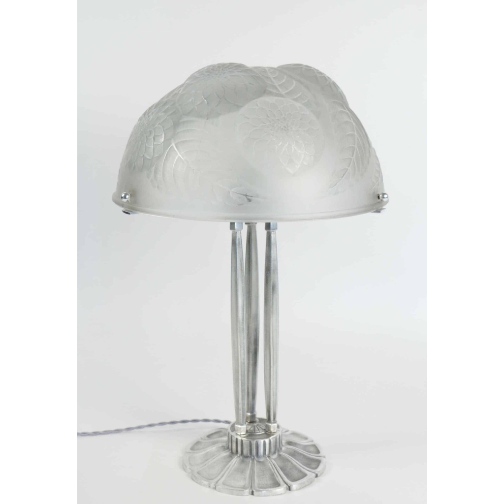 René Lalique "Dalhias" Table Lamp on Silver Bronze Base ||||||