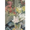 Peinture sur bois du XXème siècle d'un bouquet de fleurs devant un miroir Peinture sur bois du XXème siècle d'un bouquet de fleurs devant un miroir