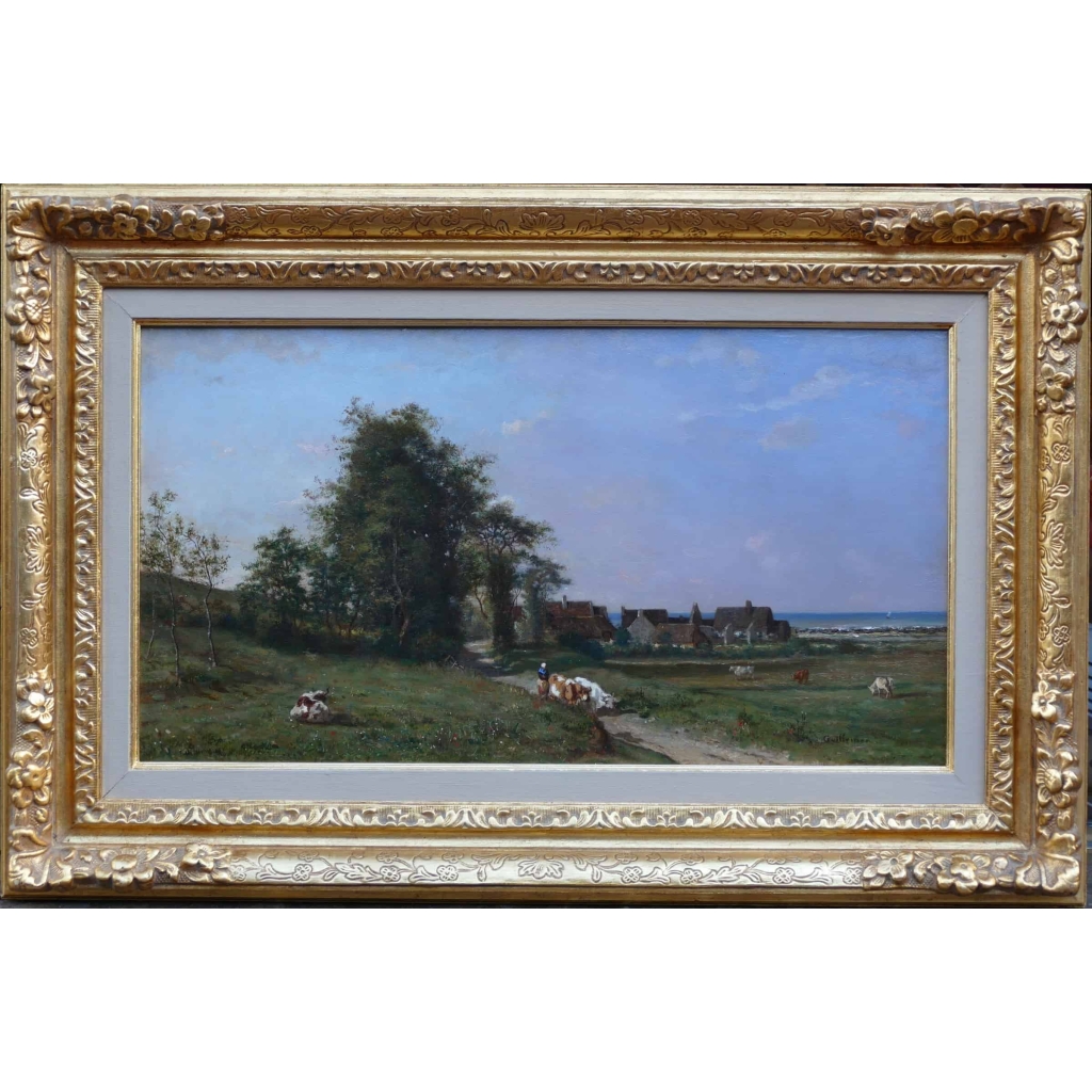 GUILLEMER Ernest Peinture Française XIXème siècle Ecole de Barbizon Troupeau sur le chemin Huile sur panneau signée ||||||||