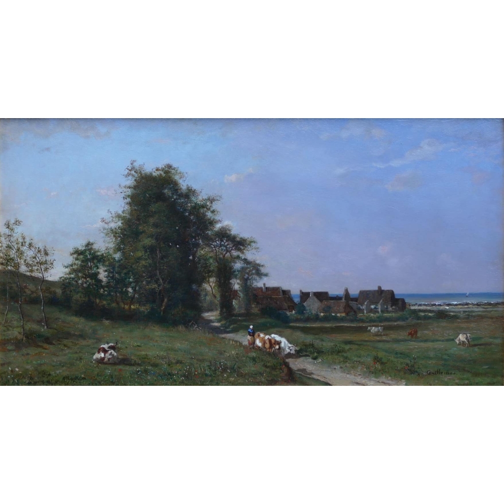 GUILLEMER Ernest Peinture Française XIXème siècle Ecole de Barbizon Troupeau sur le chemin Huile sur panneau signée GUILLEMER Ernest Peinture Française XIXème siècle Ecole de Barbizon Troupeau sur le chemin Huile sur panneau signée