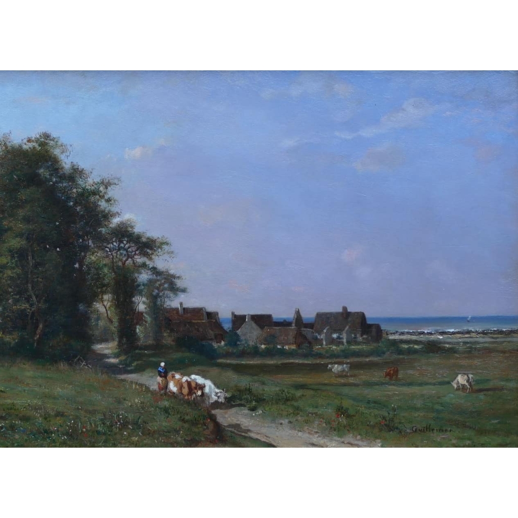 GUILLEMER Ernest Peinture Française XIXème siècle Ecole de Barbizon Troupeau sur le chemin Huile sur panneau signée GUILLEMER Ernest Peinture Française XIXème siècle Ecole de Barbizon Troupeau sur le chemin Huile sur panneau signée