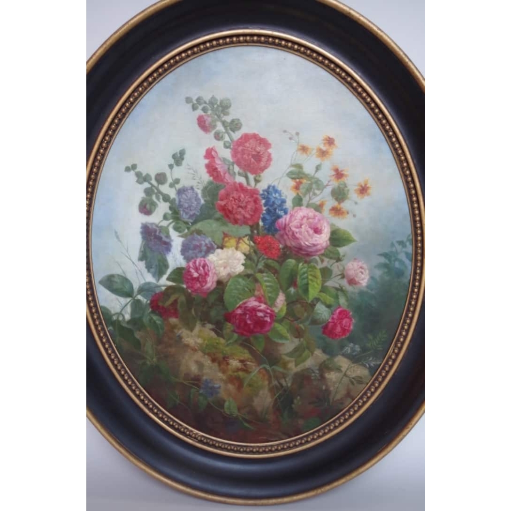 Paire d'huiles sur toiles, natures mortes avec bouquets de fleurs, 2nde motié du XIXème siècle Paire d'huiles sur toiles, natures mortes avec bouquets de fleurs, 2nde motié du XIXème siècle