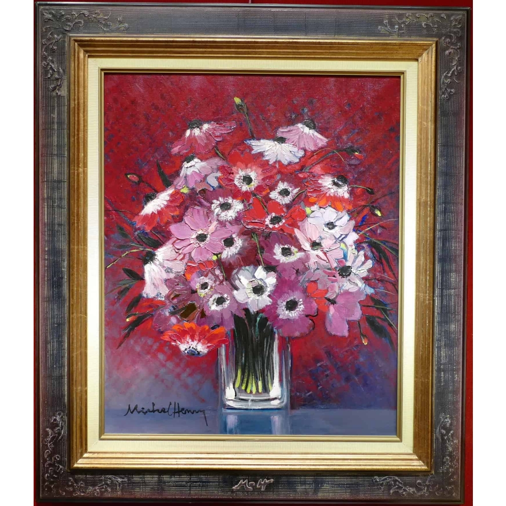 MICHEL HENRY TABLEAU 20 è SIECLE ANEMONES DE FRANCE HUILE SUR TOILE SIGNEE ART MODERNE ||||||