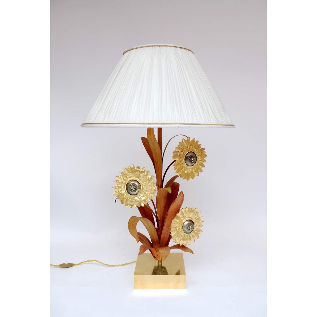 Grande lampe en laiton et bronze doré et argenté, motifs tournesols, années 1970 ||||||