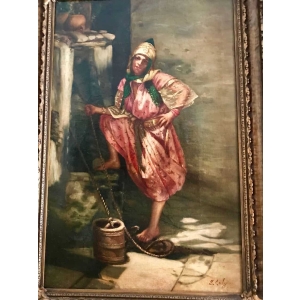 Peinture sur toile encadrée, Jeune fille au puit, signée S.Galy. Ref: 300. ||