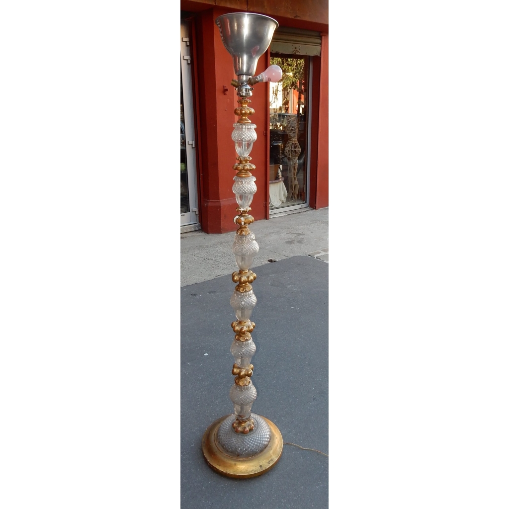 1950' Lampadaire Bois Doré Et Cristal 1950' Lampadaire Bois Doré Et Cristal