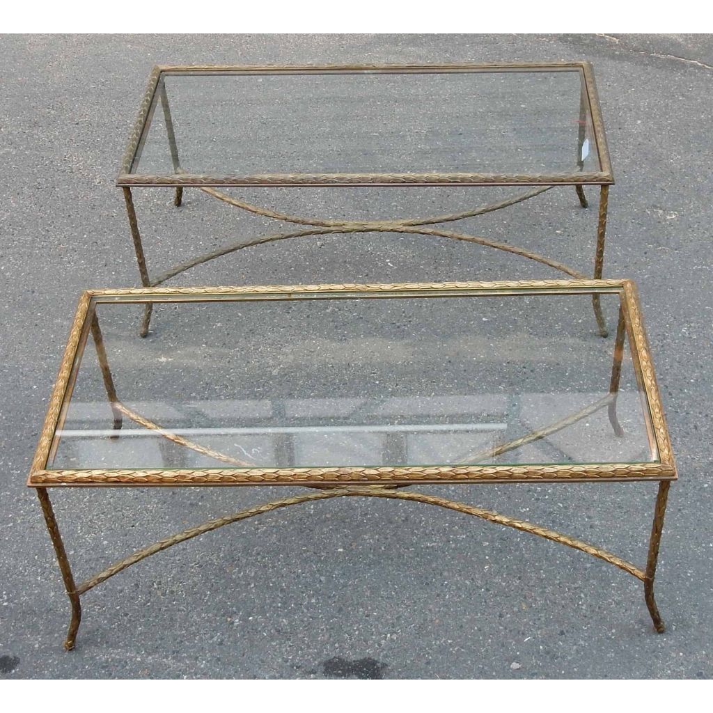 1950/70' Paire Tables Basses en Bronze Doré Décor Palmier Maison Charles 105 X 50 cm ||||||