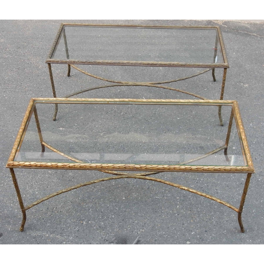 1950/70' Paire Tables Basses en Bronze Doré Décor Palmier Maison Charles 105 X 50 cm 1950/70' Paire Tables Basses en Bronze Doré Décor Palmier Maison Charles 105 X 50 cm