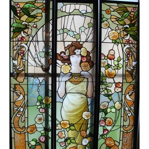 VITRAUX ART NOUVEAU FEMME A LA ROSE |||