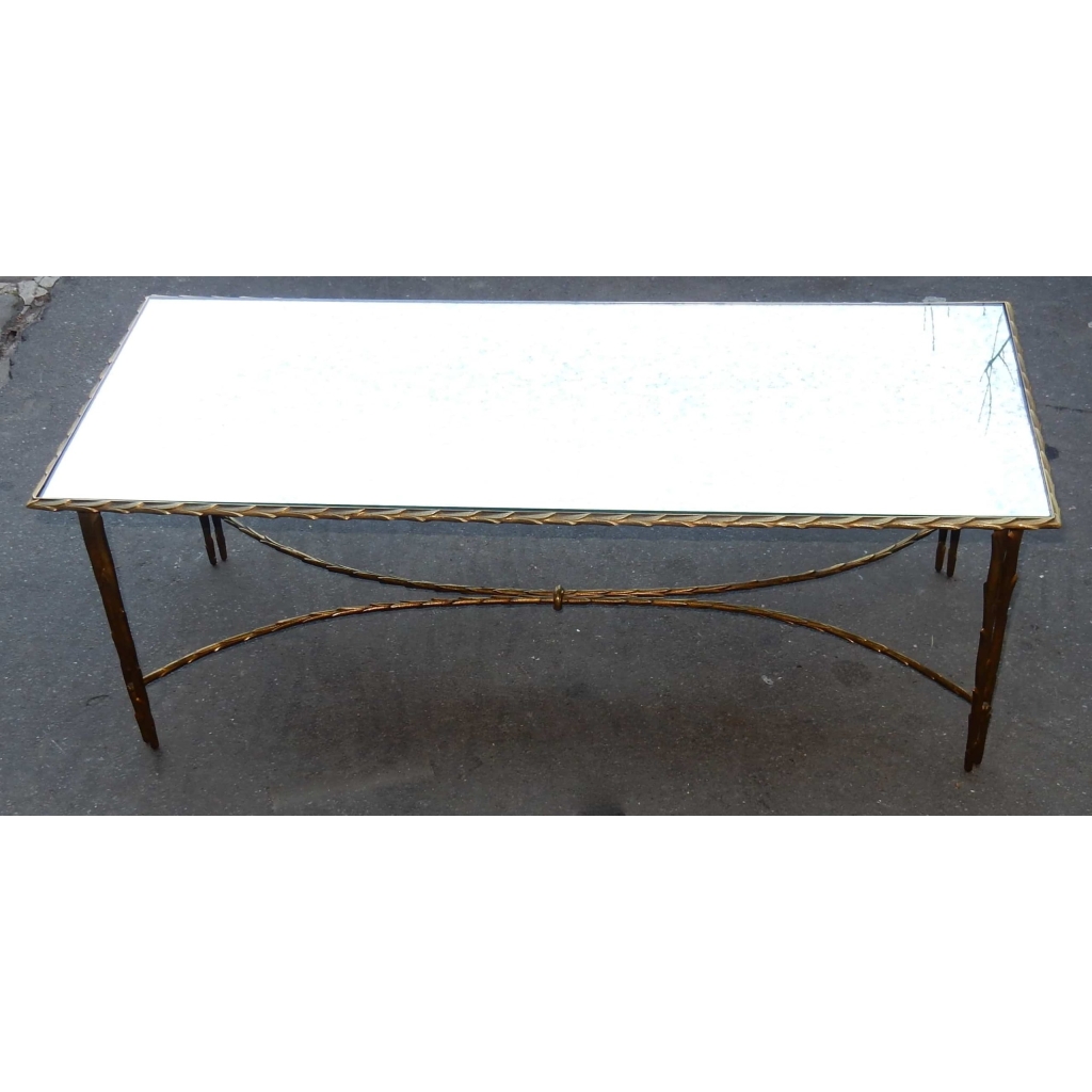 1950/70' Table Basse en Bronze Doré Décor Palmier Maison Charles 112 X 47 cm Double Montant ||||||||