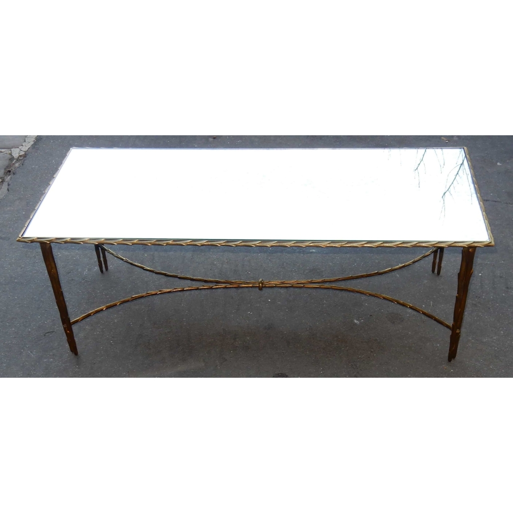 1950/70' Table Basse en Bronze Doré Décor Palmier Maison Charles 112 X 47 cm Double Montant 1950/70' Table Basse en Bronze Doré Décor Palmier Maison Charles 112 X 47 cm Double Montant