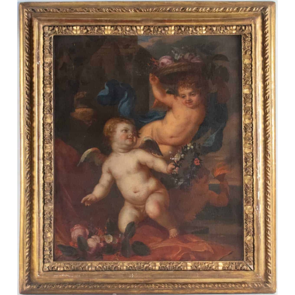 Peinture, Huile Sur Toile, Flamande, 17ème Siècle, Représentant Trois Amours. Peinture, Huile Sur Toile, Flamande, 17ème Siècle, Représentant Trois Amours.