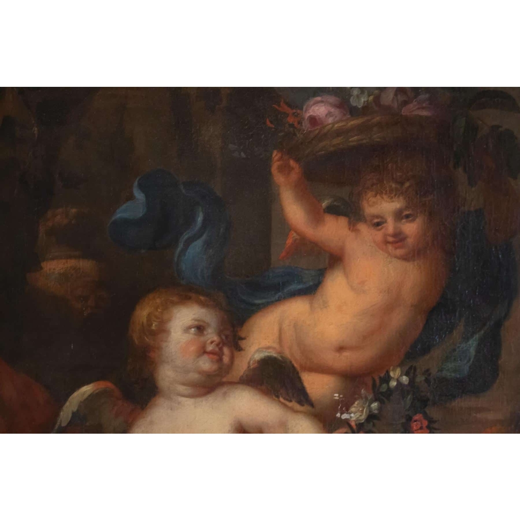 Peinture, Huile Sur Toile, Flamande, 17ème Siècle, Représentant Trois Amours. Peinture, Huile Sur Toile, Flamande, 17ème Siècle, Représentant Trois Amours.