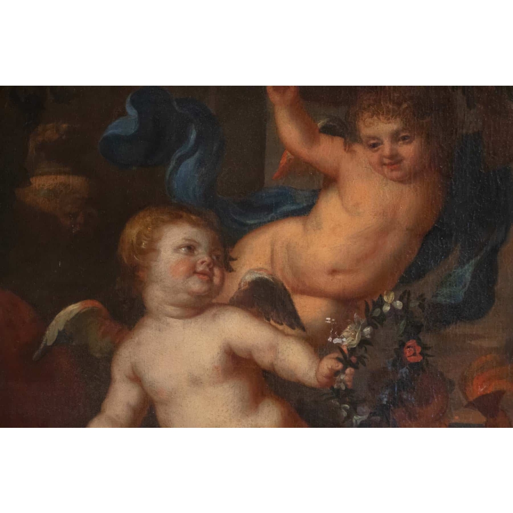 Peinture, Huile Sur Toile, Flamande, 17ème Siècle, Représentant Trois Amours. Peinture, Huile Sur Toile, Flamande, 17ème Siècle, Représentant Trois Amours.