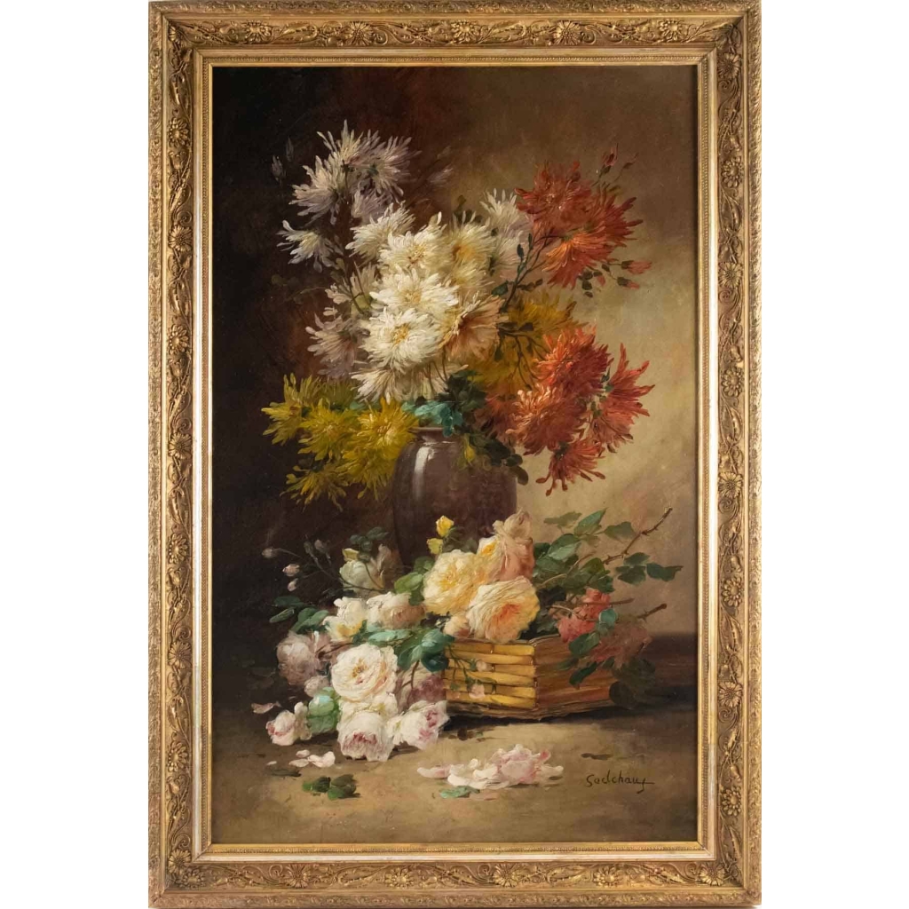 Alfred Godchaux (1835 - 1895): Roses et chrysanthèmes. ||||||||||