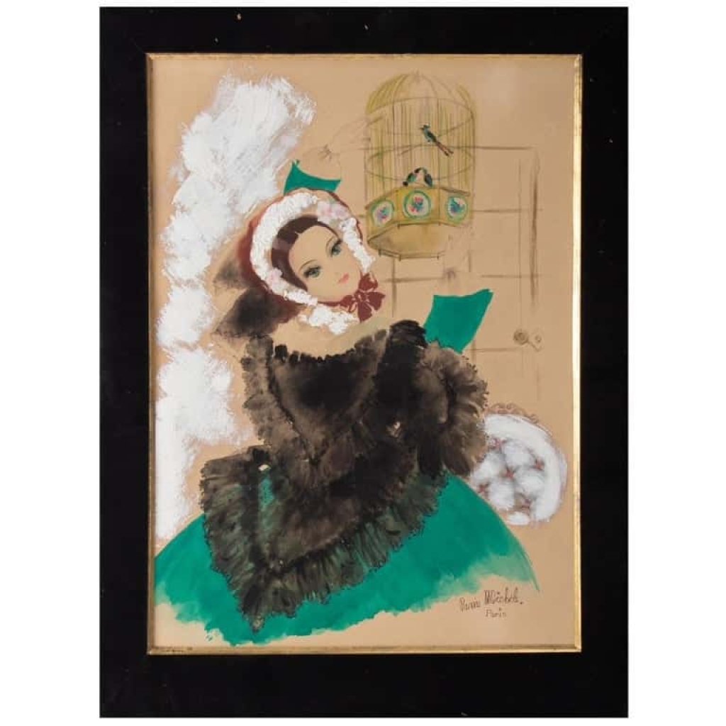 Aquarelle, Belle Epoque, 1900-1920, Signée Renée Michèle, Paris |||||||||