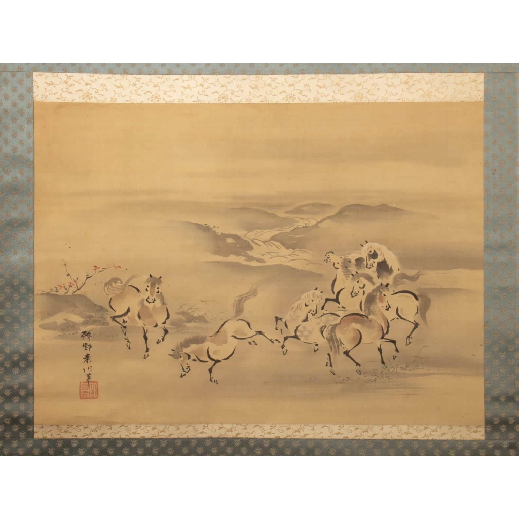 Kano Akinobu (狩野章信 – connu sous le nom de Kano Shoshin, Taigensai - 大玄齋- ou Sosen - 素川), Japon 1763 – 1826, Peinture de Chevaux en Liberté à Cote d’une Rivière, Kakemono (Rouleau Suspendu), Peinture sur Papier ||||||