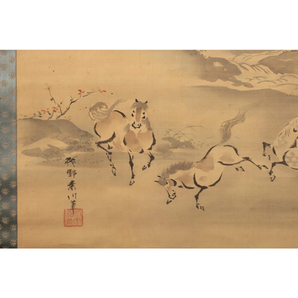 Kano Akinobu (狩野章信 – connu sous le nom de Kano Shoshin, Taigensai - 大玄齋- ou Sosen - 素川), Japon 1763 – 1826, Peinture de Chevaux en Liberté à Cote d’une Rivière, Kakemono (Rouleau Suspendu), Peinture sur Papier Kano Akinobu (狩野章信 – connu sous le nom de Kano Shoshin, Taigensai - 大玄齋- ou Sosen - 素川), Japon 1763 – 1826, Peinture de Chevaux en Liberté à Cote d’une Rivière, Kakemono (Rouleau Suspendu), Peinture sur Papier